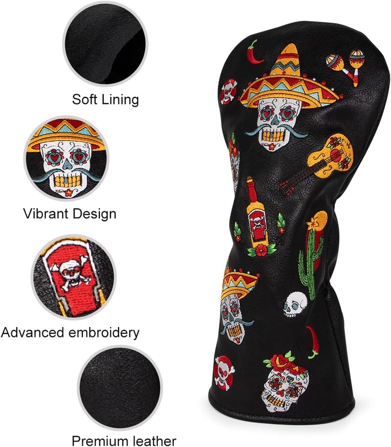Acebirdie Golf Club Headcover for Drivers, Fairway Woods, Hybrids, and Mallet Blade Putter Sugar Skull Style Premium Leather Golf Headcovers Set with Interchangeable No. Tags - Image 4